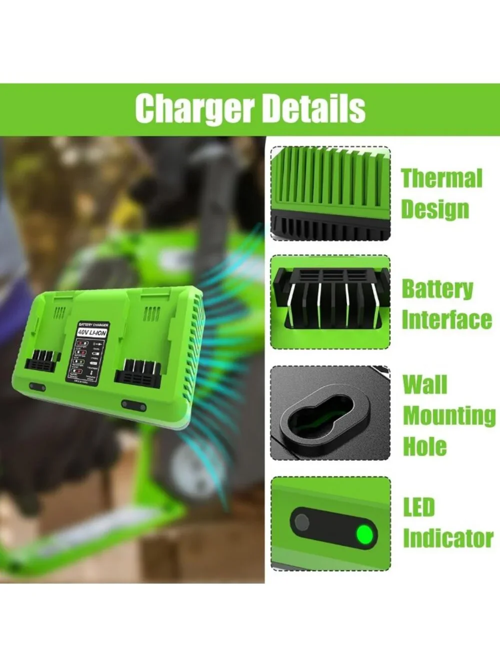 40V Dual-Port Battery Charger for Power Tools - Fast Charging, Compatible